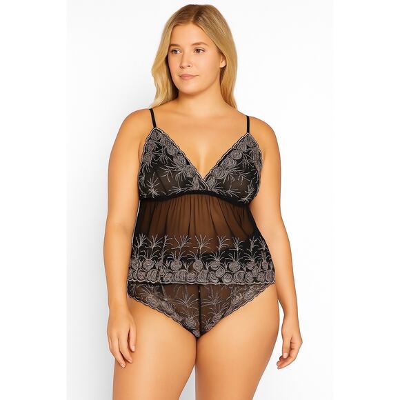 Cacique Lane Bryant Embroidered 2 Piece Babydoll Cami Set Black 1X/2X Plus Size - Picture 1 of 14